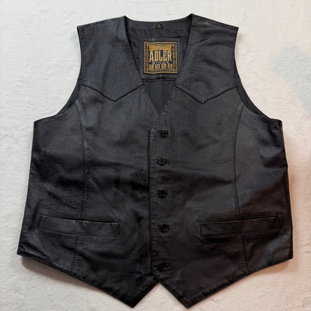 Adler Leather Vest Mens XL Black Good Western Biker Button Front Genuine Leather